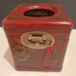 Red Decorative Tissue Box with Floral Design and Brass Lock & Key